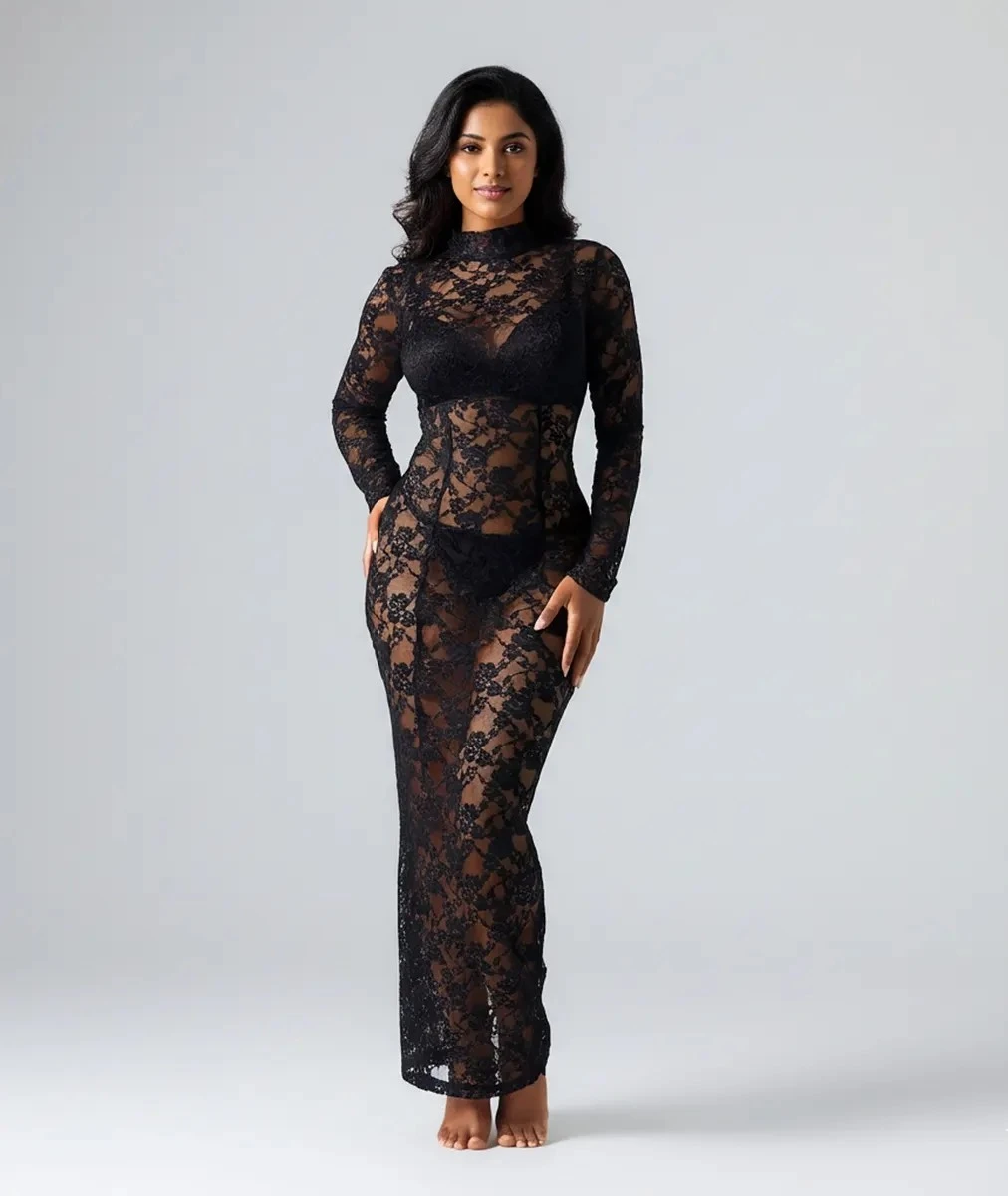 Black lace maxi nightgown — Rainy Garment